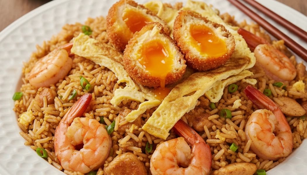 Arroz chaufa con camarones, pollo y tortilla apanada