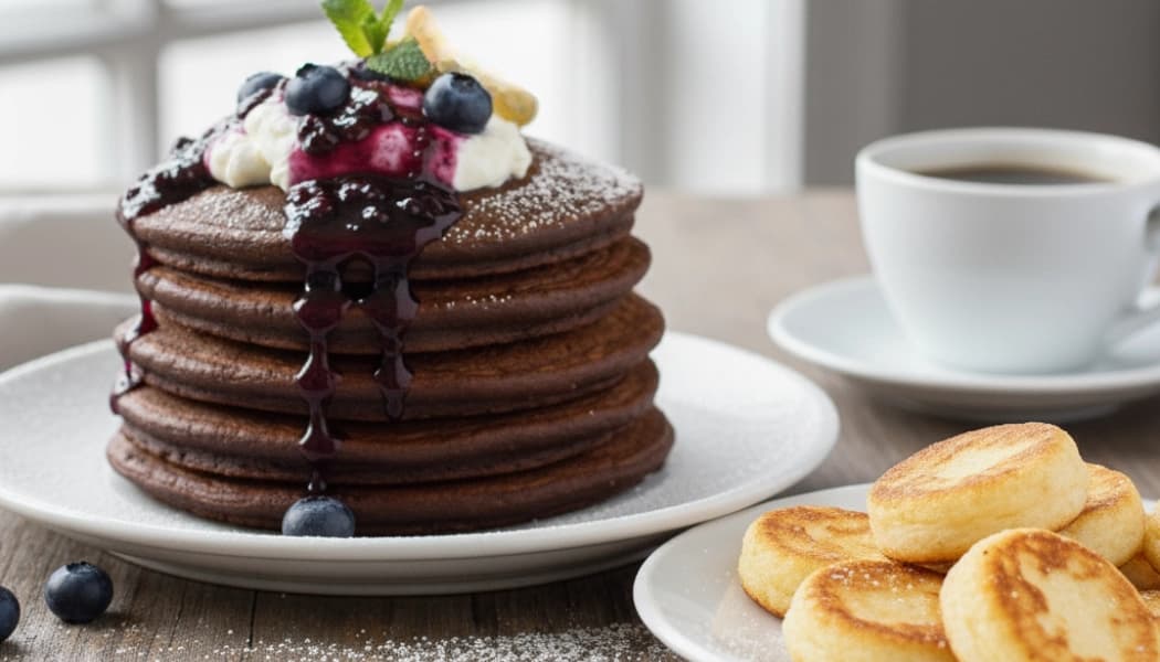 Pancakes de chocolate y avena y mini arepas de huevo Pancakes de chocolate y avena y mini arepas de huevo