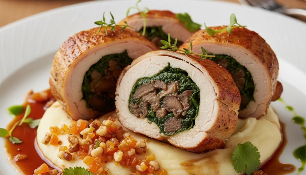 Roulade de pierna de pollo relleno de champiñones y espinaca Roulade de pierna de pollo relleno de champiñones y espinaca