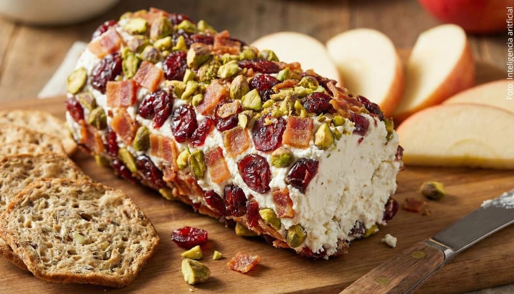 Rollo de queso con arándanos, tocino y pistachos Rollo de queso con arándanos, tocino, pistachos y miel